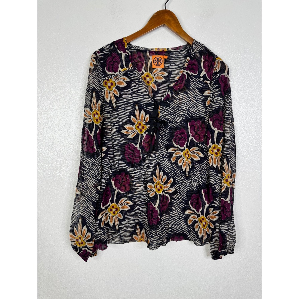 Tory Burch Silk Floral Clip Dot Blouse Purple Navy Yellow V-Neck Top Size 6